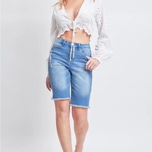 White Eyelet Crop Top and Blue Denim Shorts